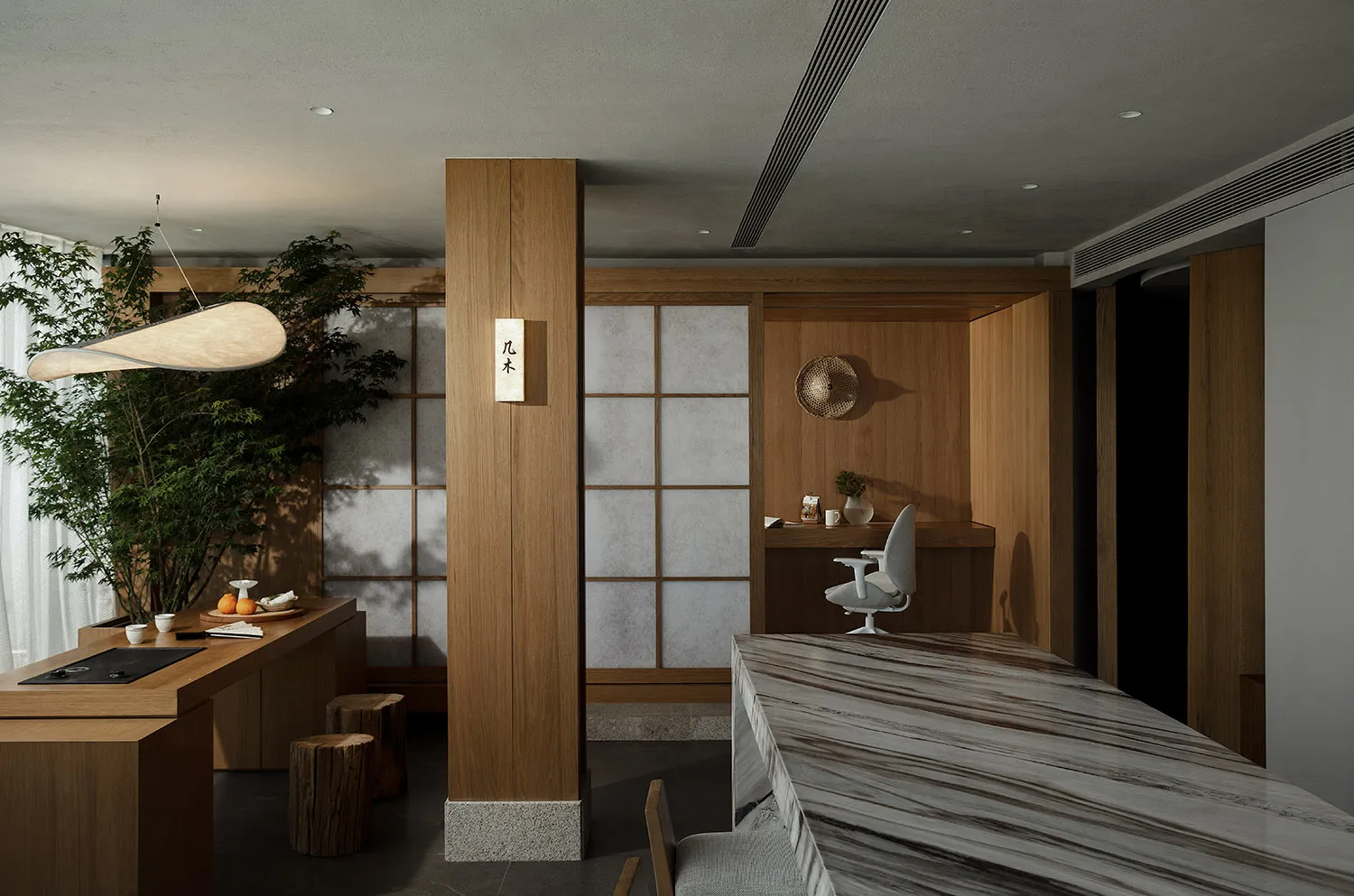Modern minimalist home office featuring wooden furniture and materials, including a desk, chair, and storage solutions.