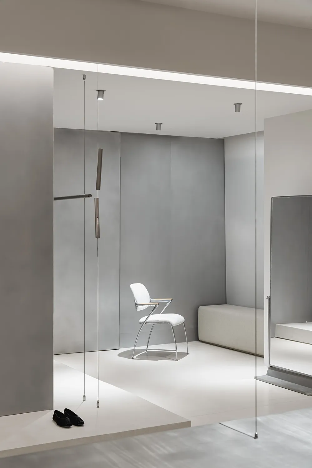 Minimalist retail space with metallic accents