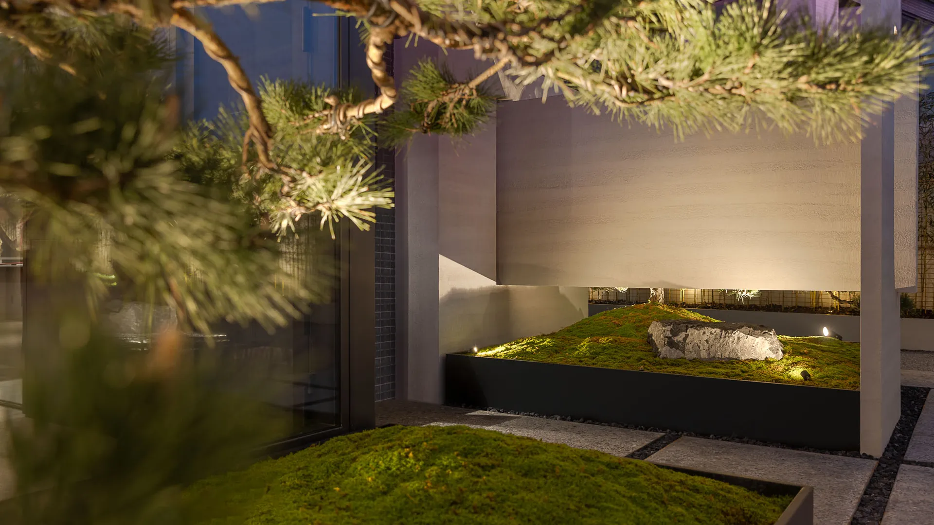 A minimalist urban greenhouse with concrete planters and a sleek, modern design.