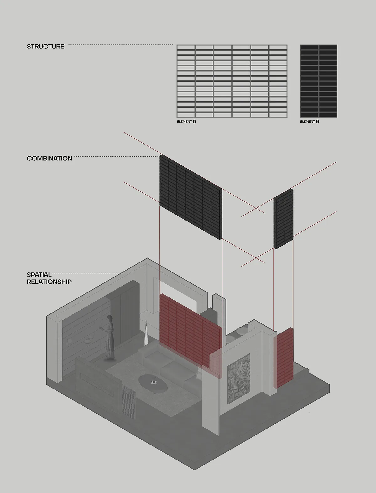 An architectural diagram showcasing metallic interior design elements and spatial relationships.