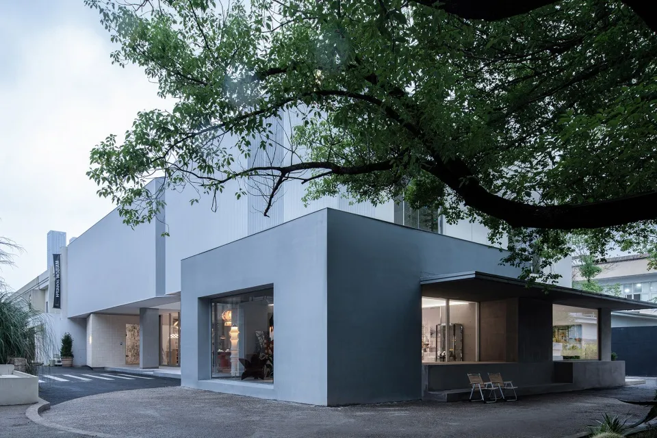 A minimalist concrete building with large glass windows and a tree in the foreground.