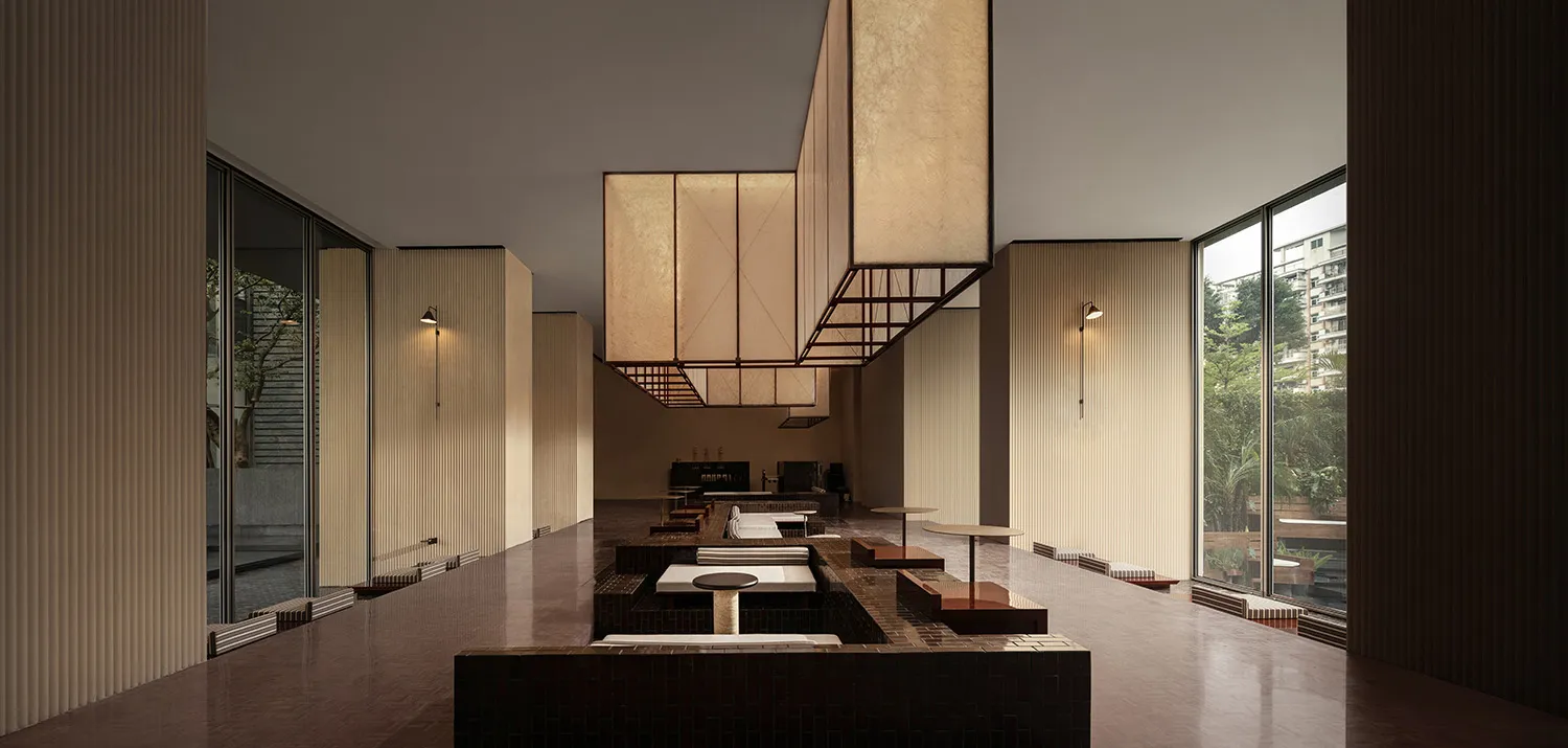 Modern office space featuring wooden furniture and decor.