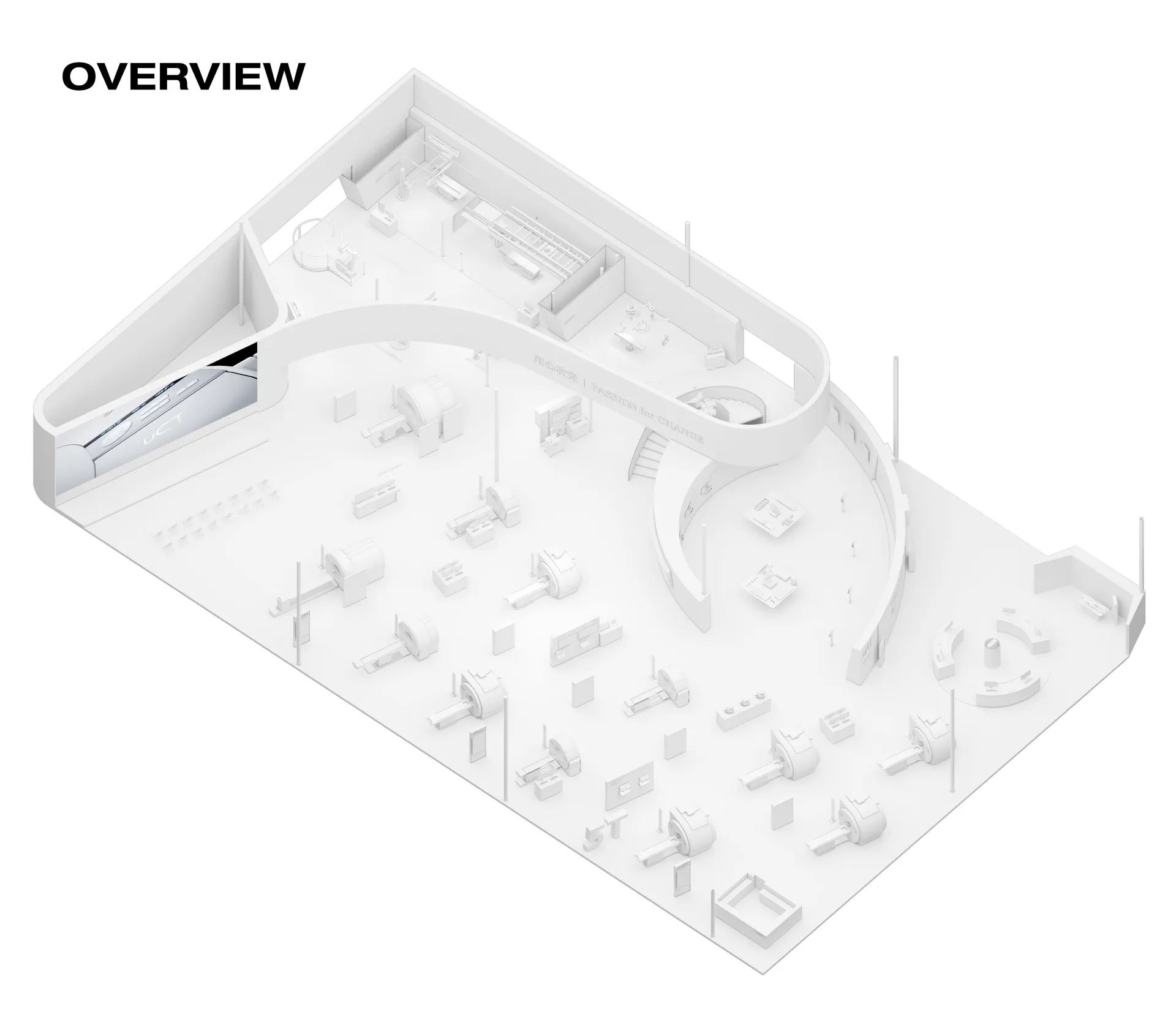 以白色塑膠模型呈現的工業醫療中心3D建築模型。