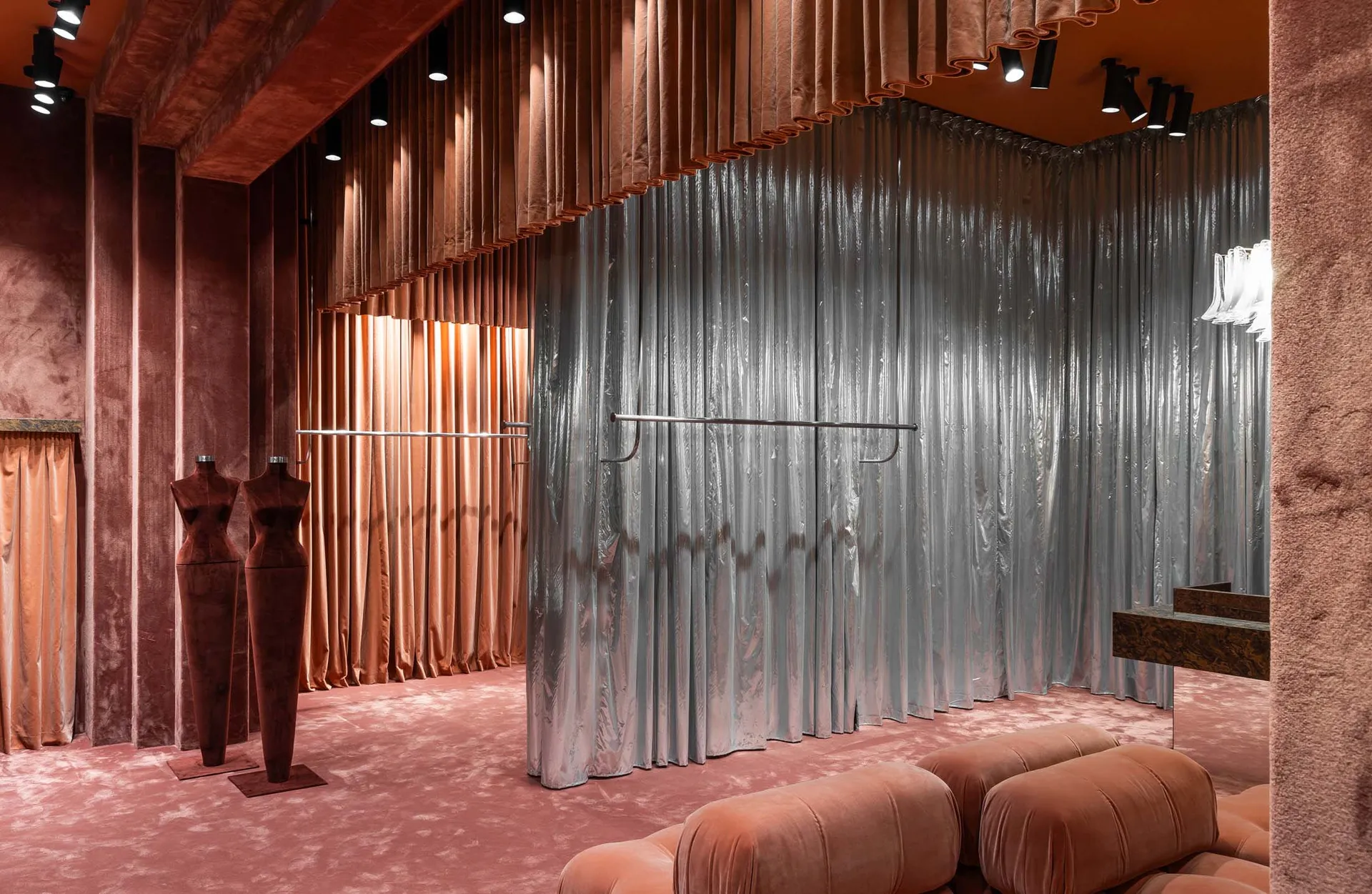 An elegant fashion showroom featuring velvet Langham fabric