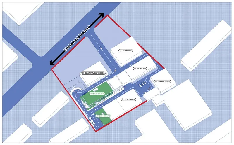 零售空間的詳細建築藍圖,包含店鋪位置、攝影工作室、咖啡店以及車庫。