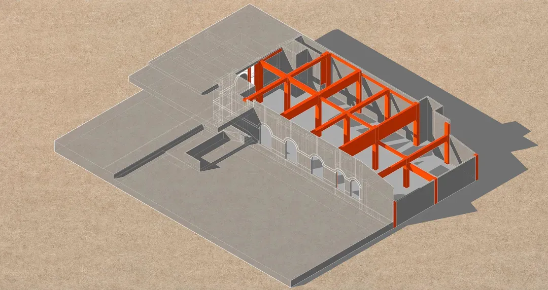 3D rendering of a building renovation project with a focus on the use of concrete material.