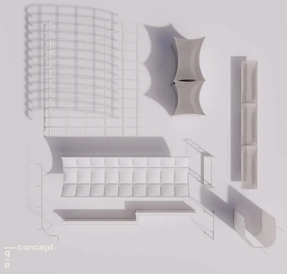 Modern interior design featuring metallic and concrete elements