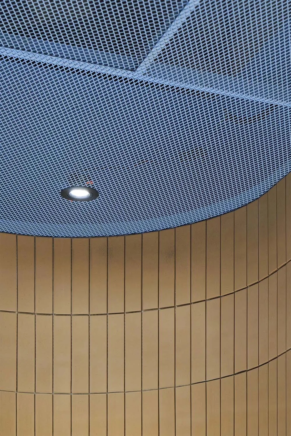 A close-up of a blue metal grid ceiling with a recessed light fixture.
