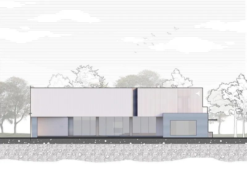 Modern architectural design featuring glass and steel materials.