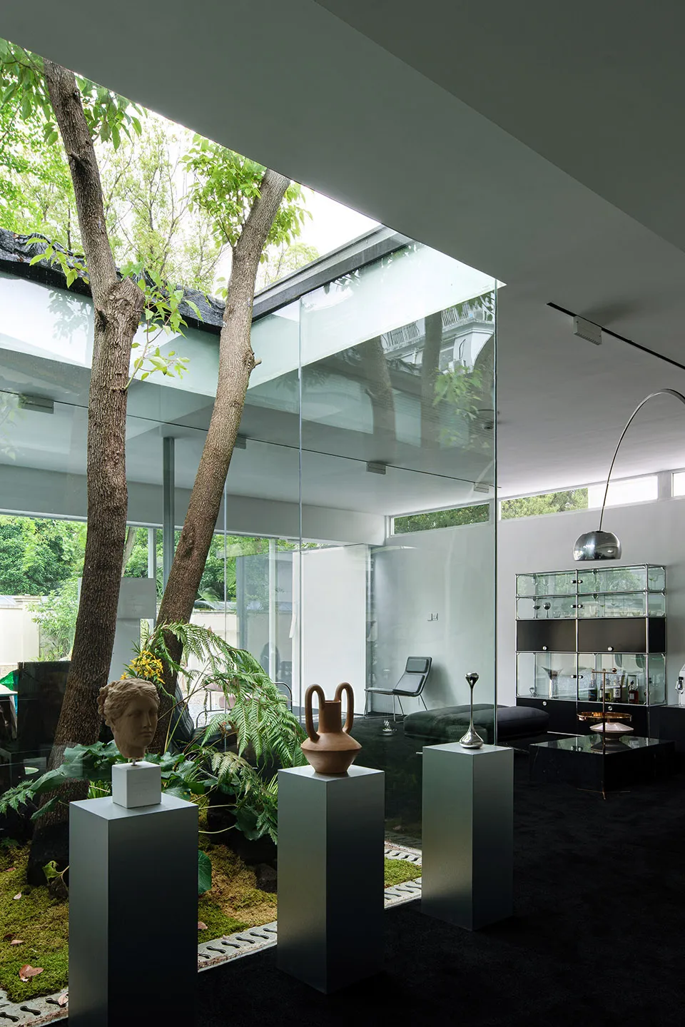 A modern minimalist living room with glass walls and a green indoor garden.