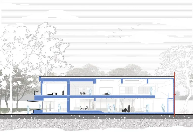 現代室內橫剖面建築圖，展示玻璃牆與混凝土地板，並有人物描繪