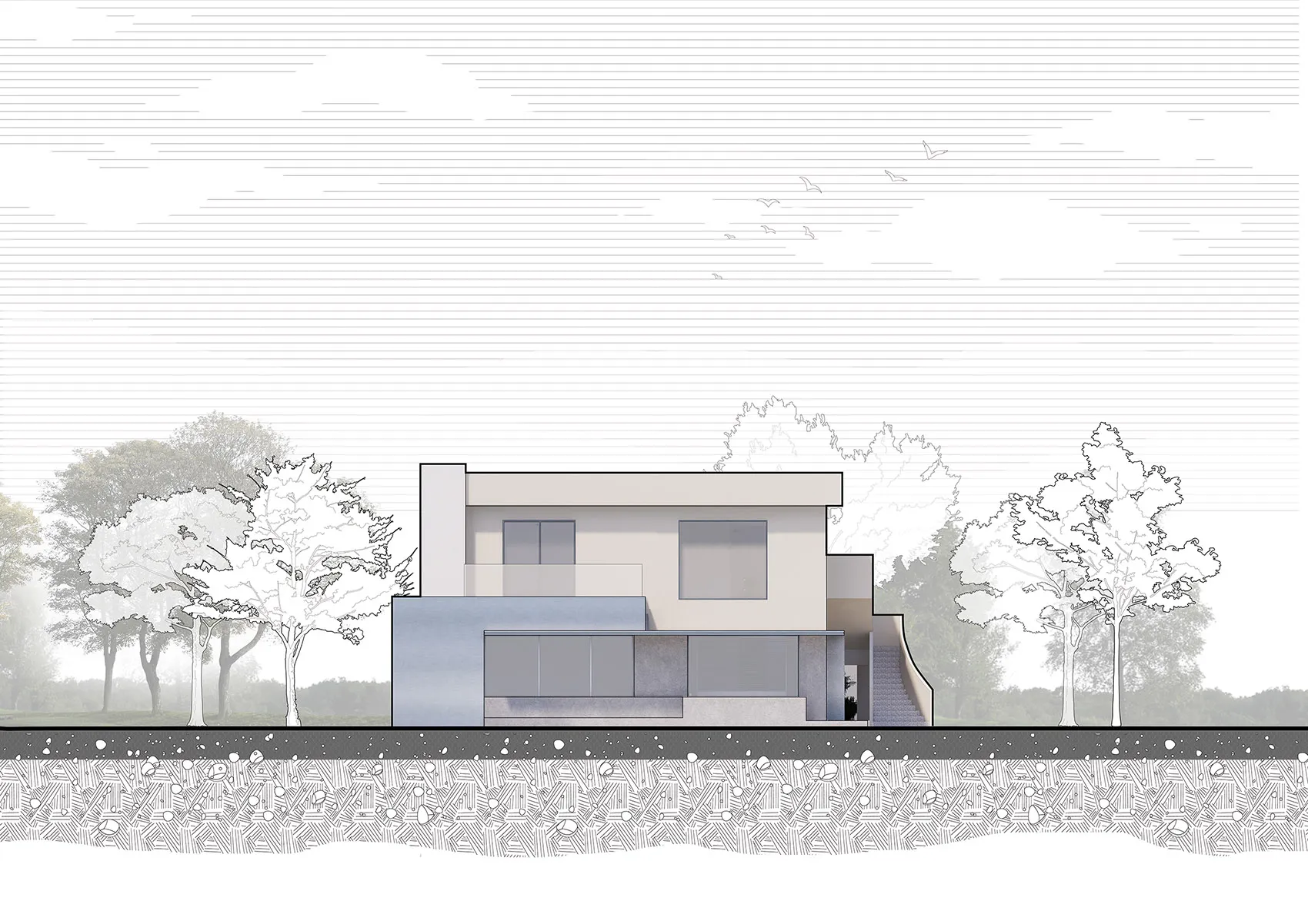 A modern residential building with concrete facade.