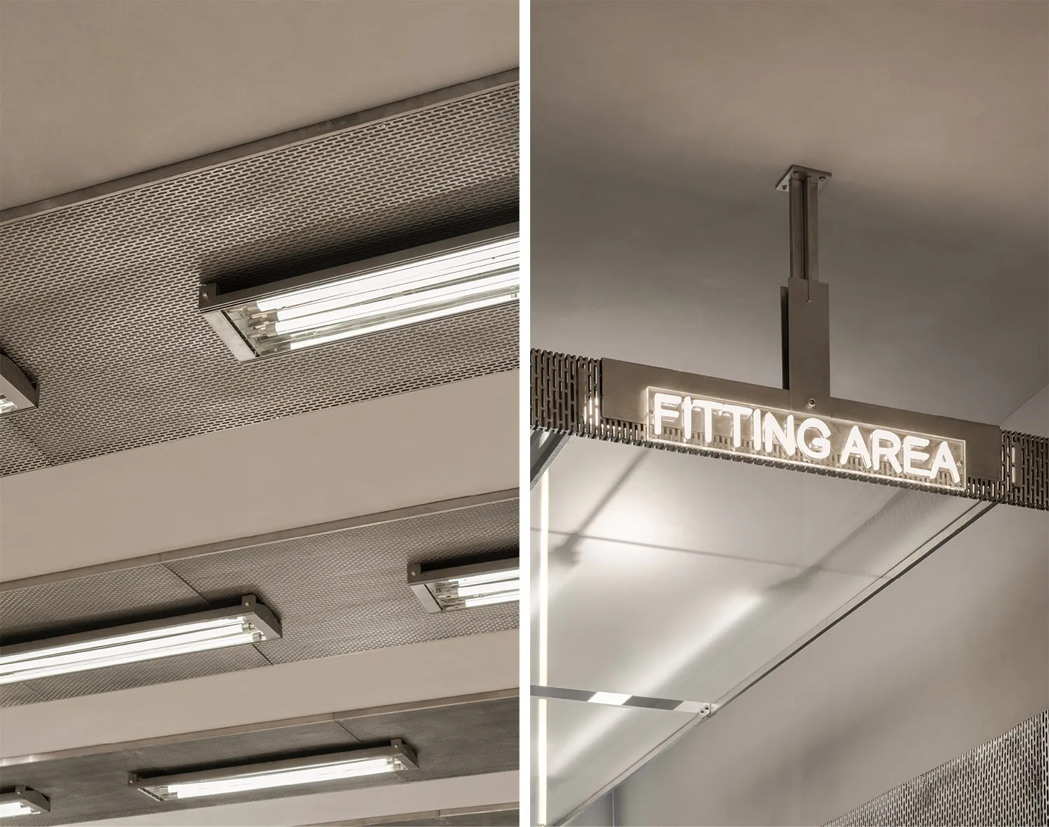金屬天花板上懸掛著以白色燈光顯示「fitting area」的標示。