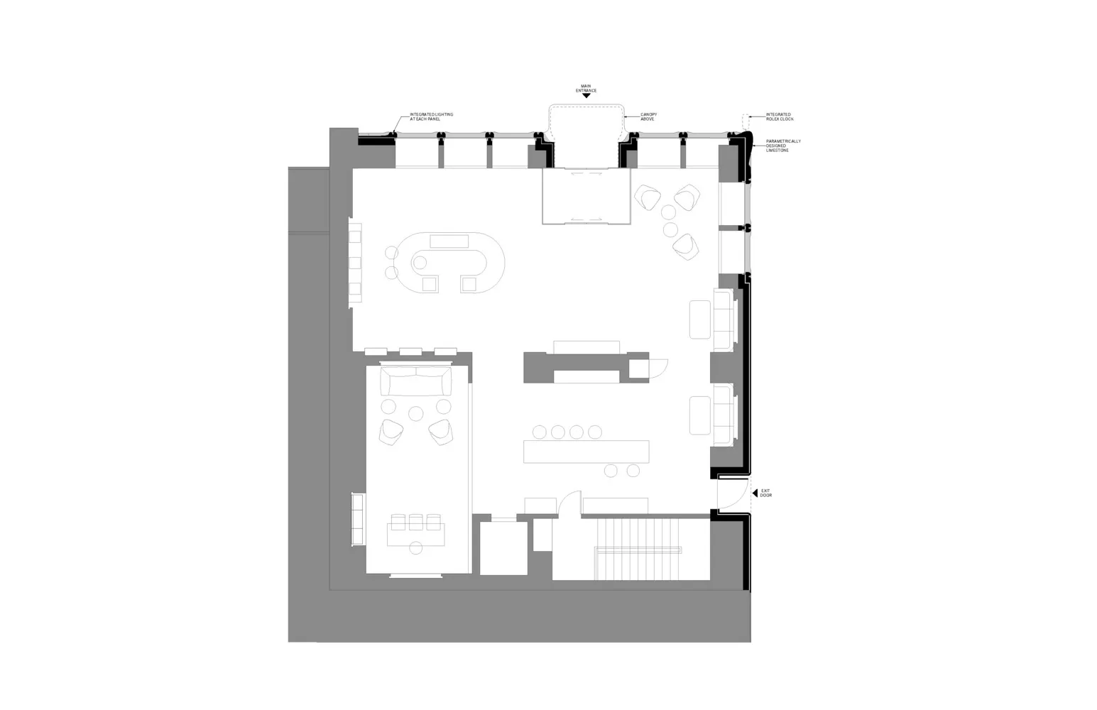Floor plan of a modern coffee shop featuring concrete and glass materials.