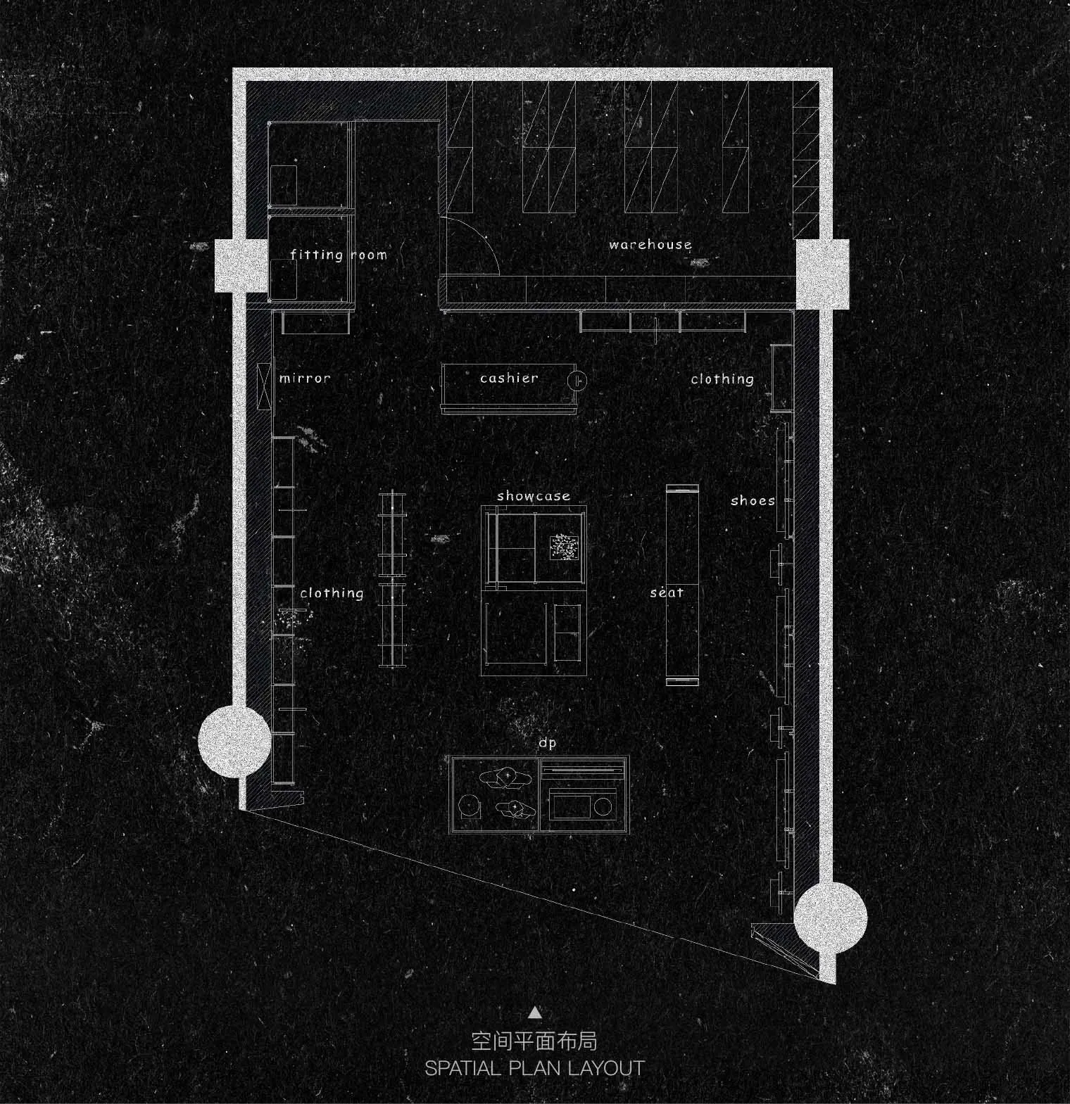 A 2D architectural drawing of a furniture store with steel cabinets, warehouse racks, and industrial-style furniture.