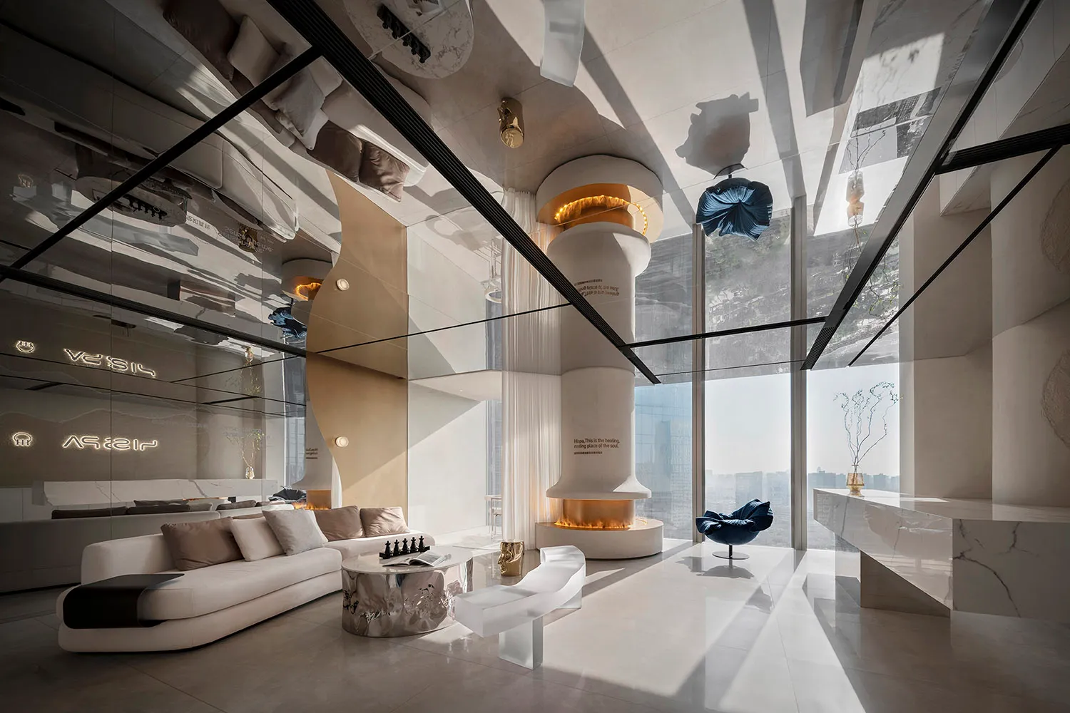Modern living room featuring marble and glass elements.
