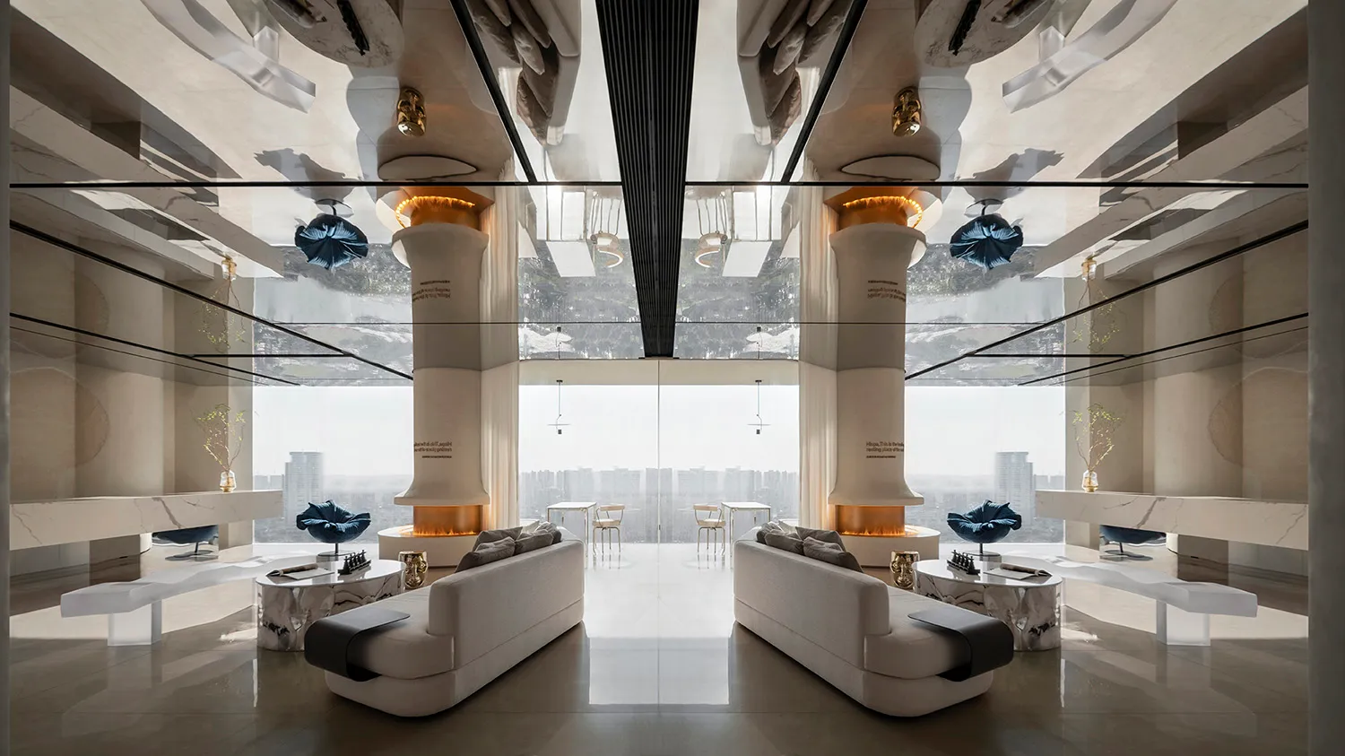 Modern lobby area with glass and marble elements