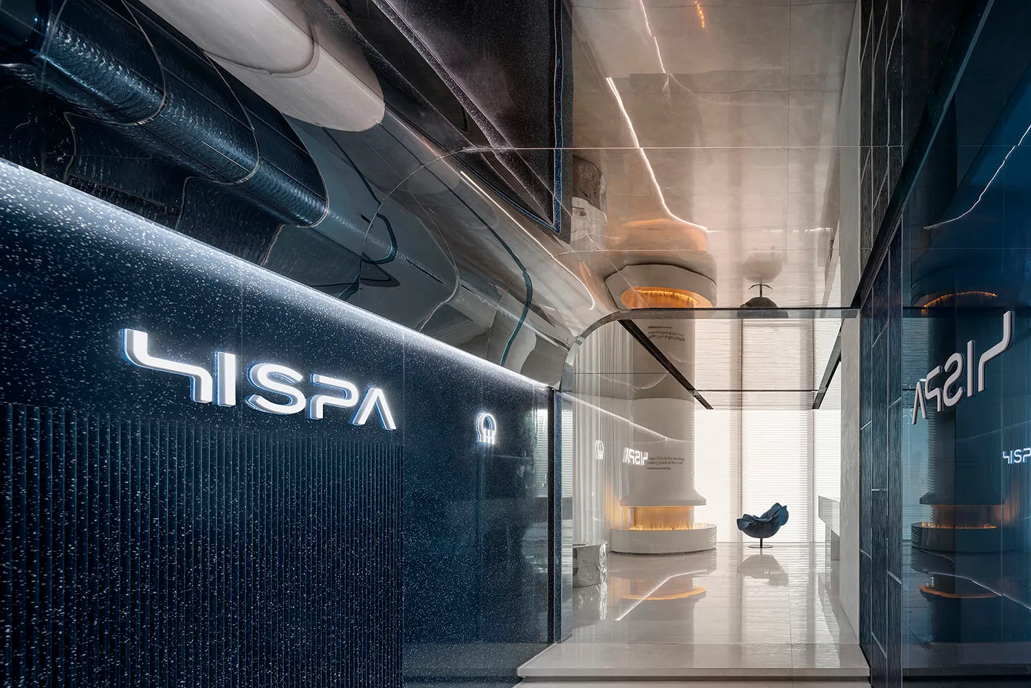 Modern spa interior with glass walls and concrete finish