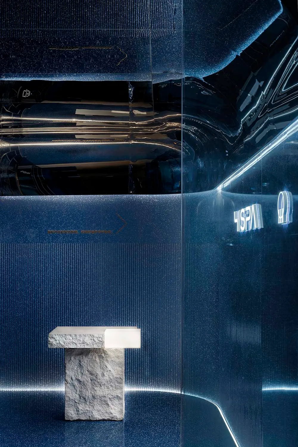 A modern interior design featuring glass walls and a minimalist aesthetic.