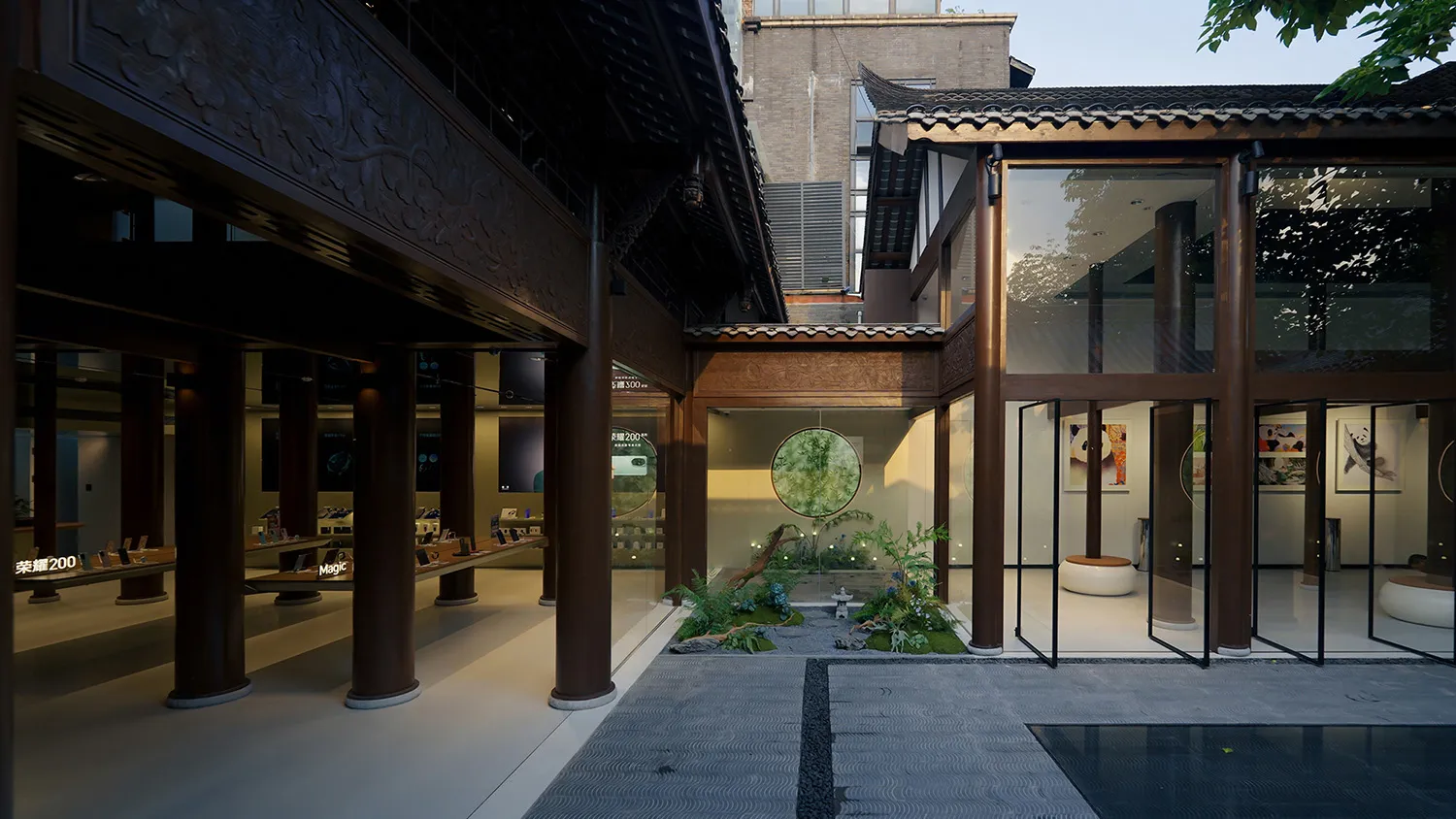 Modern retail storefront with glass and wooden features