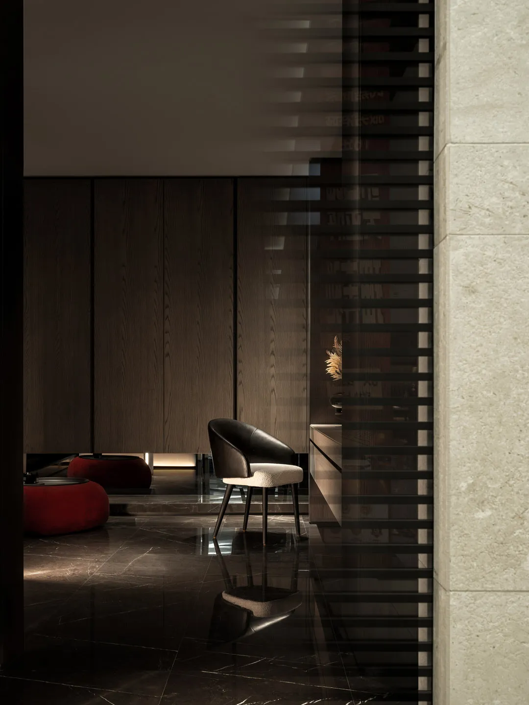 A minimalist living room with marble accents.