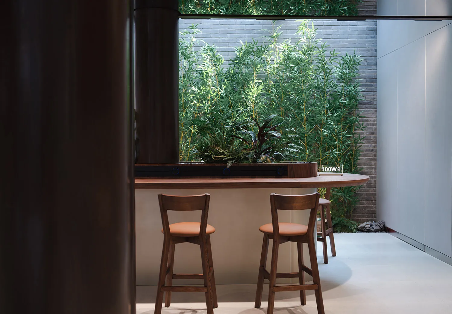 Modern coffee shop interior with wooden elements and green plants.