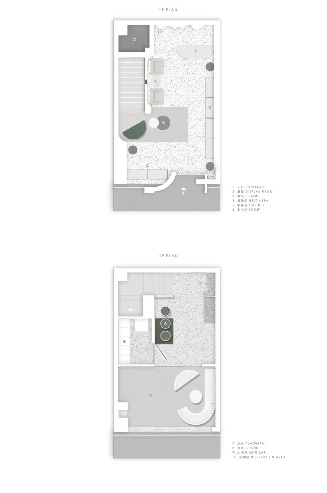 Floor plans of a modern retail store with concrete materials