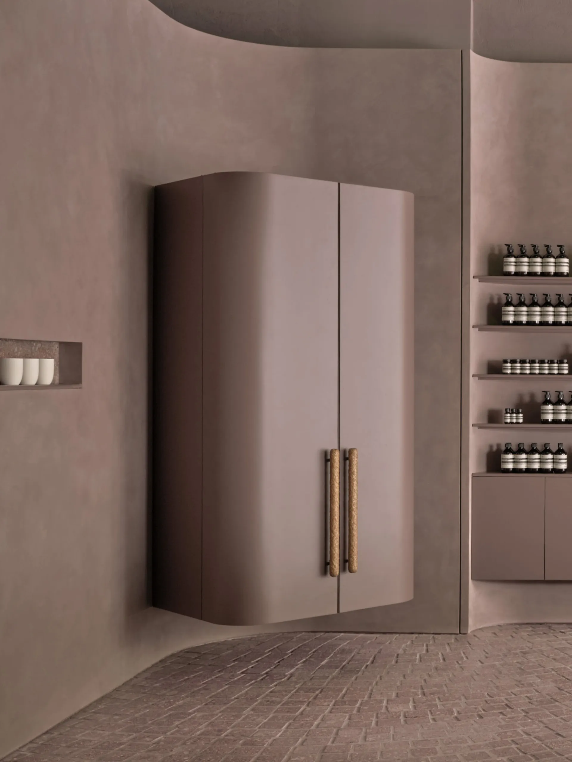 An interior design scene featuring modern, minimalist furniture made of concrete.