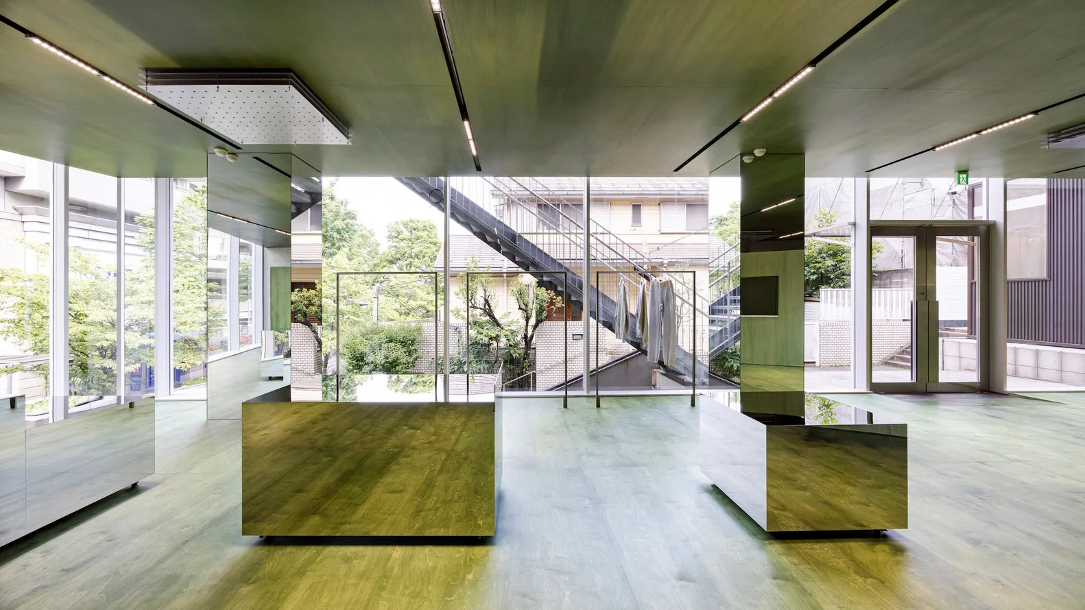 An image showcasing modern interior design with metallic mirrors.