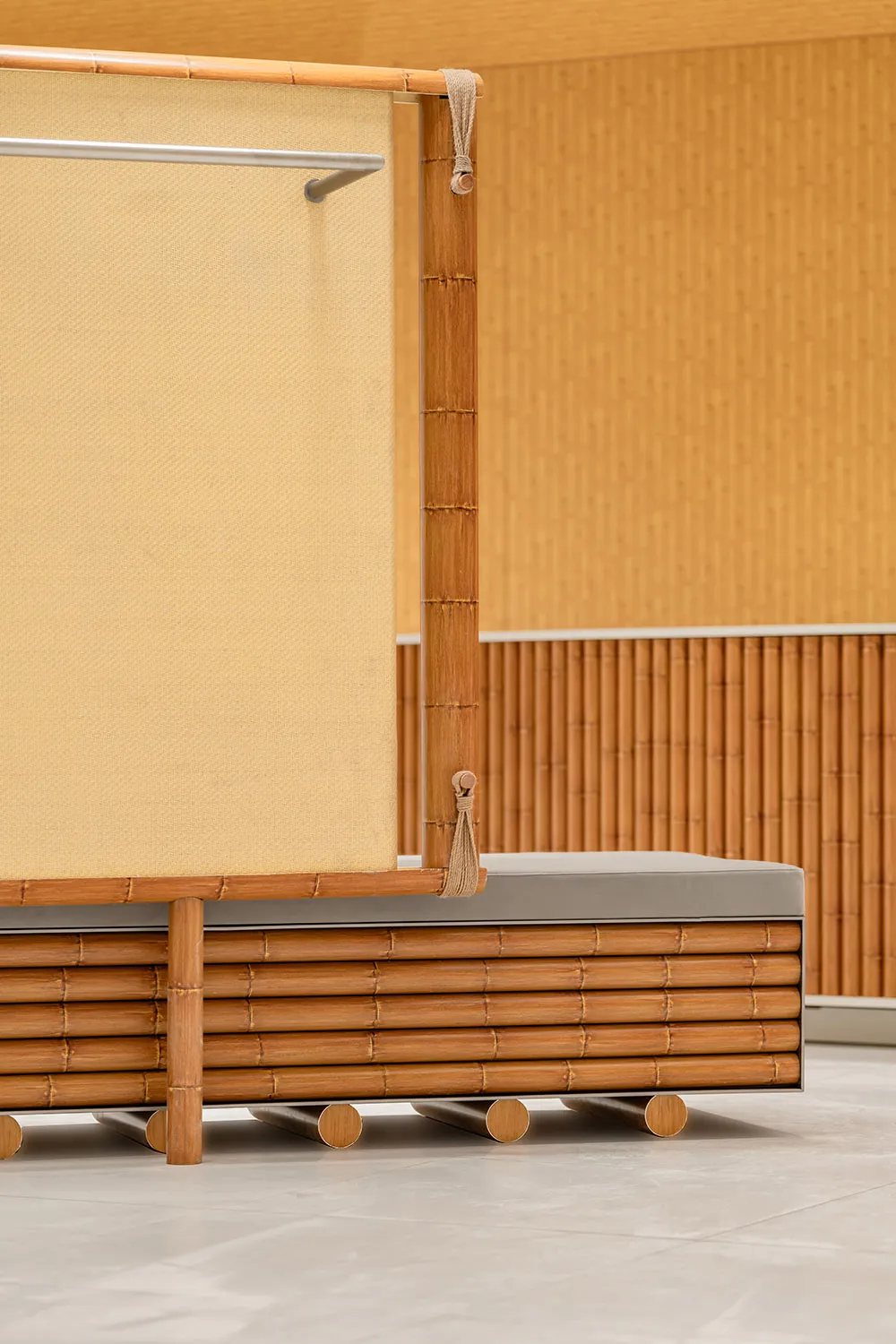 A minimalistic interior design with wooden furniture and a neutral color palette.