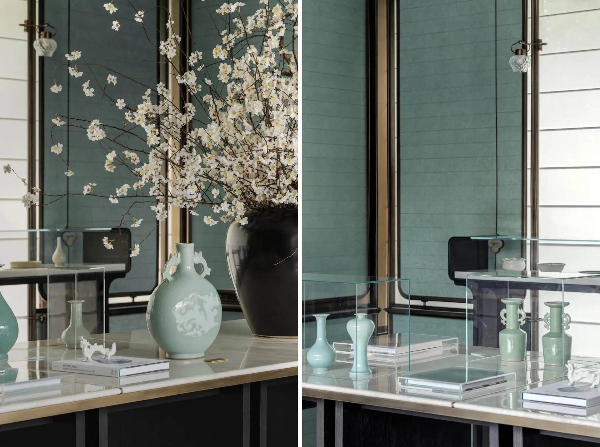Modern office space featuring ceramic vases on a sleek glass desk.