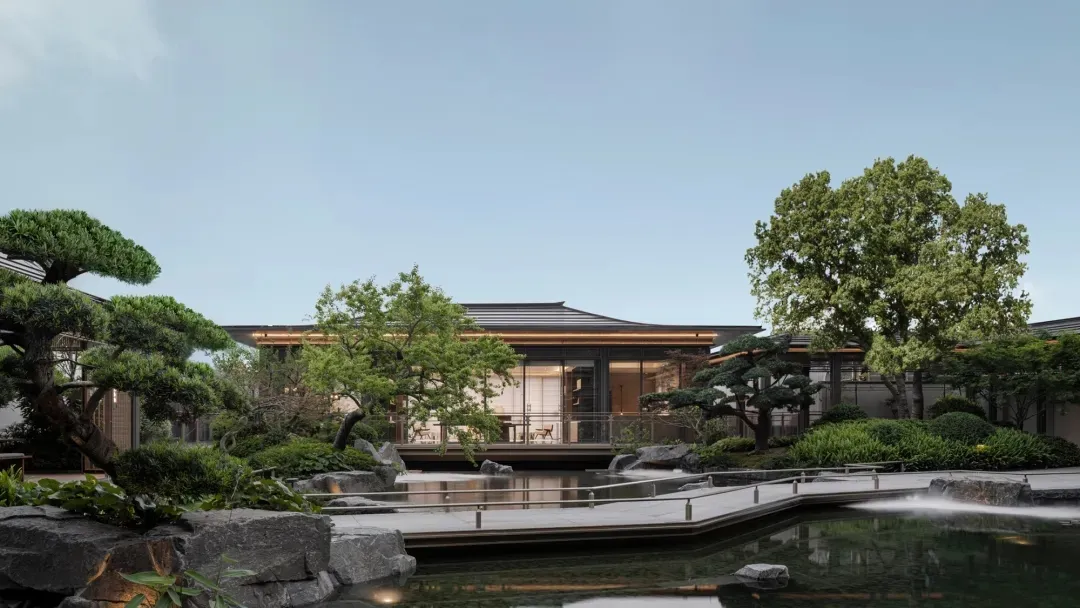A modern residential garden featuring concrete and glass materials with a serene water feature.