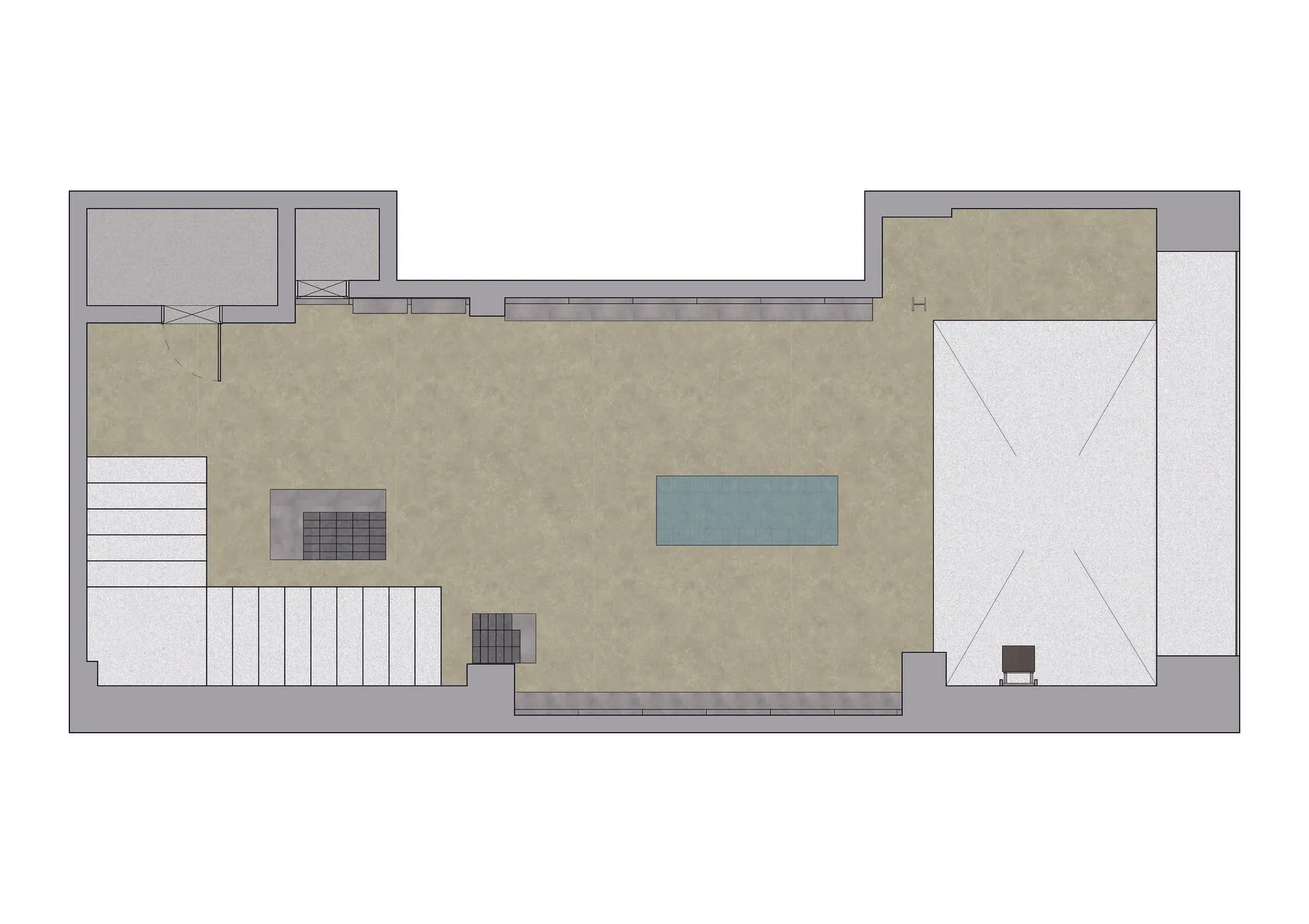 一張現代游泳池混凝土地板的2D建築圖面。