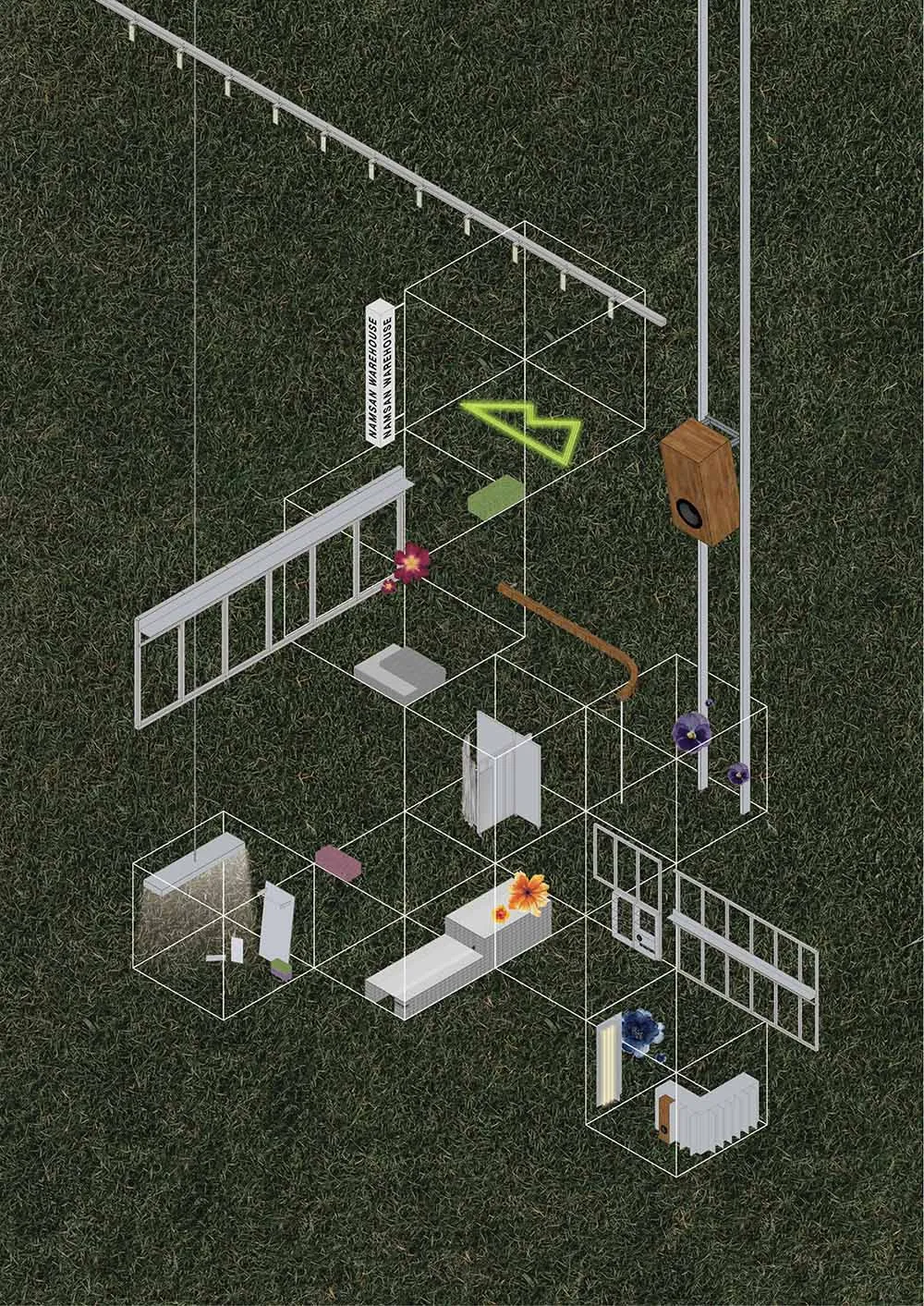 展示現代倉庫玻璃牆與金屬欄杆的建築平面圖。