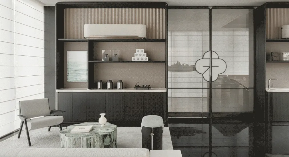 A minimalist living room with metallic furniture and shelves, featuring a modern sofa, table, and minimalist decor.