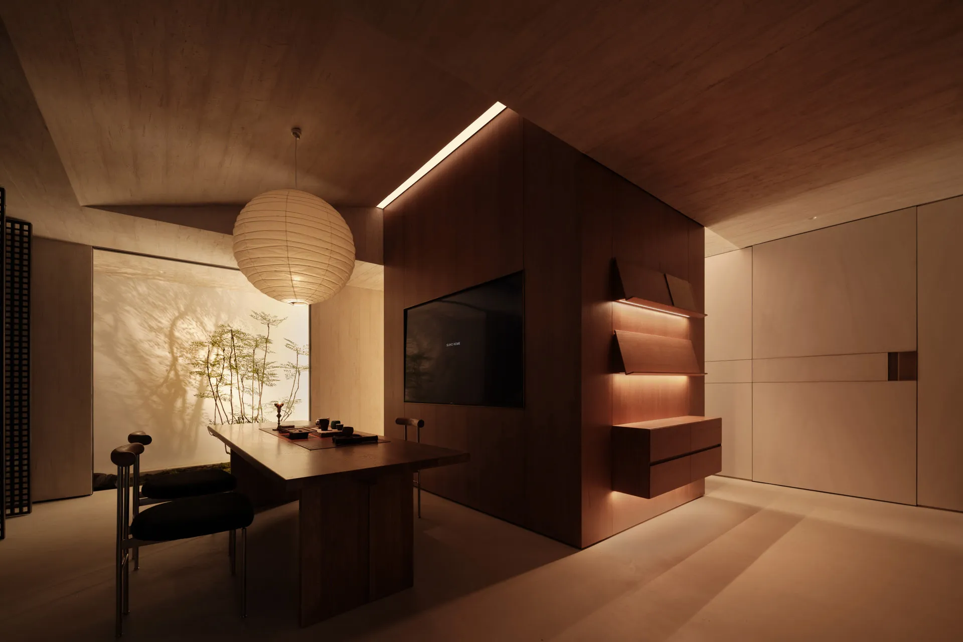 Modern living room with wooden furniture and minimalist design