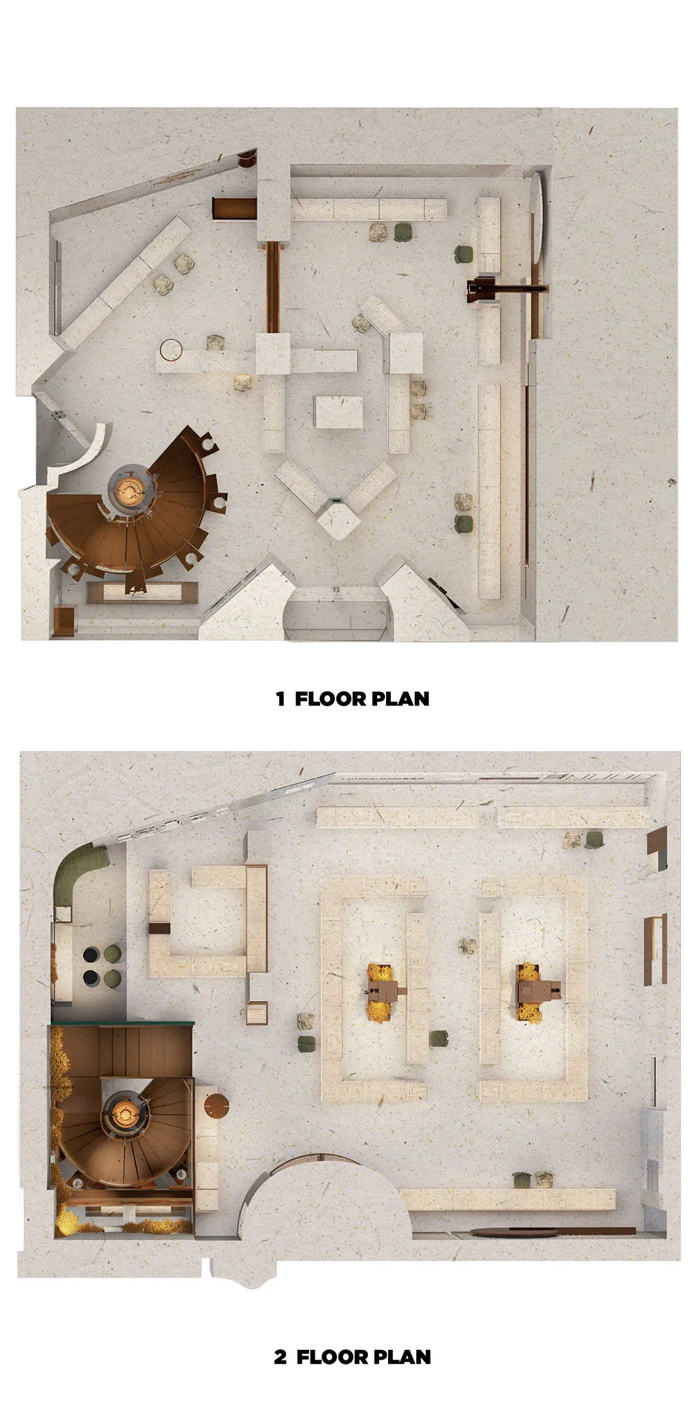 Floor plan of a modern interior designed with concrete and wood elements.