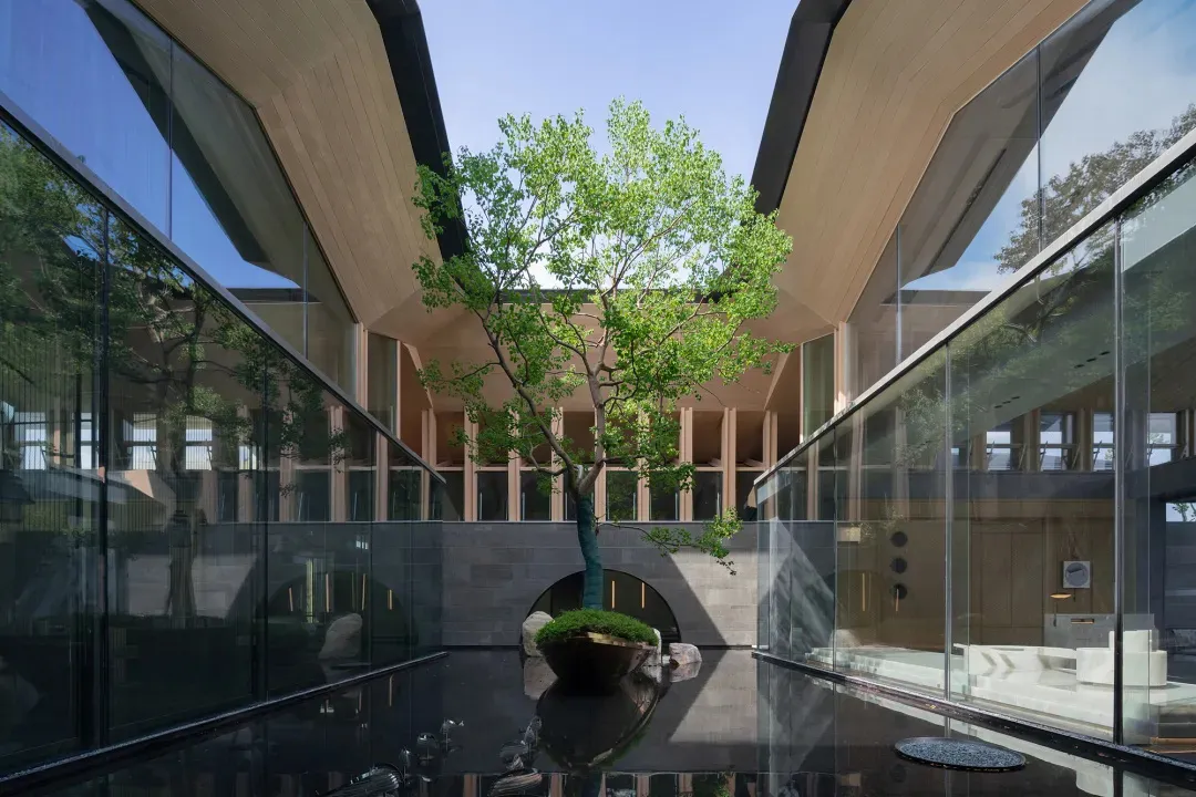 Modern office space featuring glass walls and wood paneling.