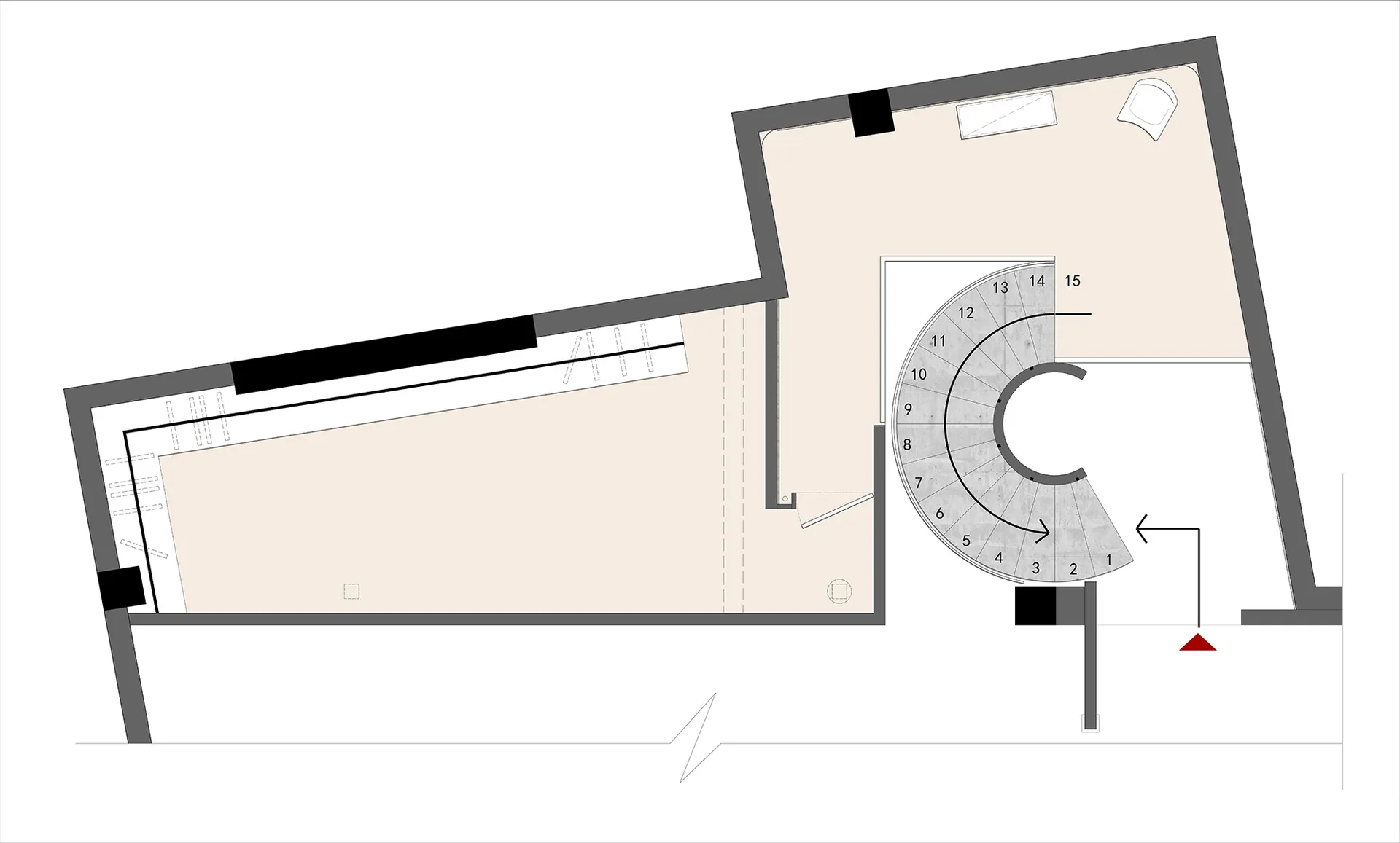 A detailed architectural blueprint of a modern interior space with a focus on concrete elements and floor layout.