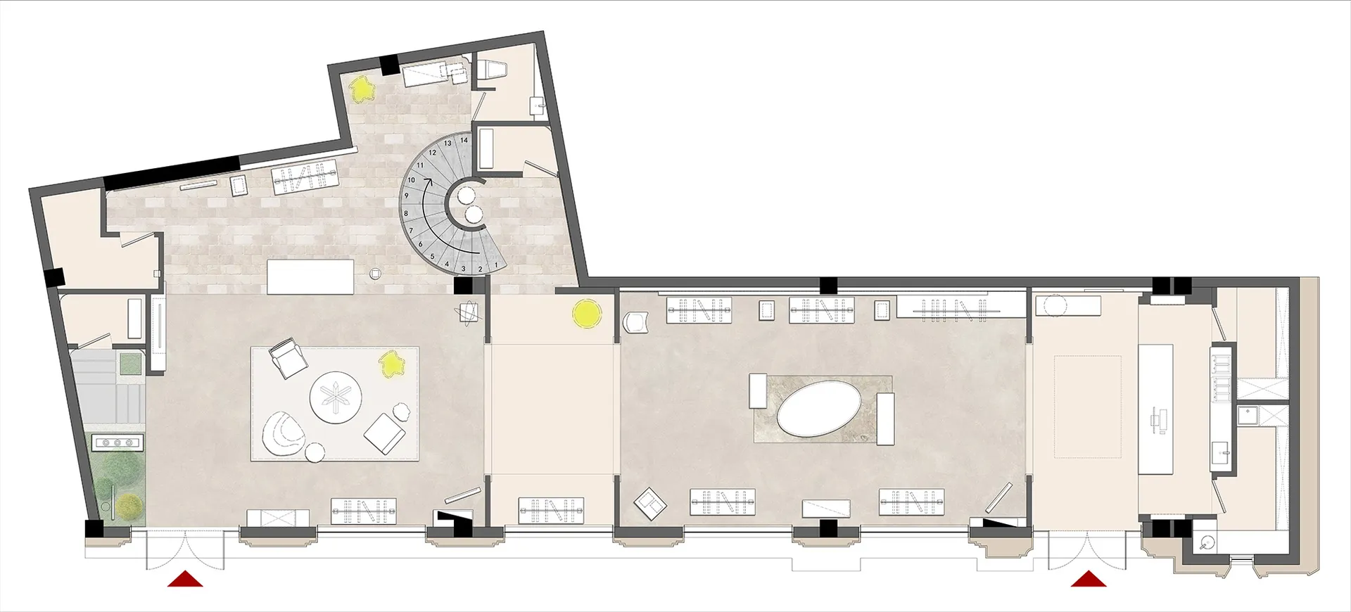 Floor plan of a modern interior space with white tiled flooring and carpeted areas