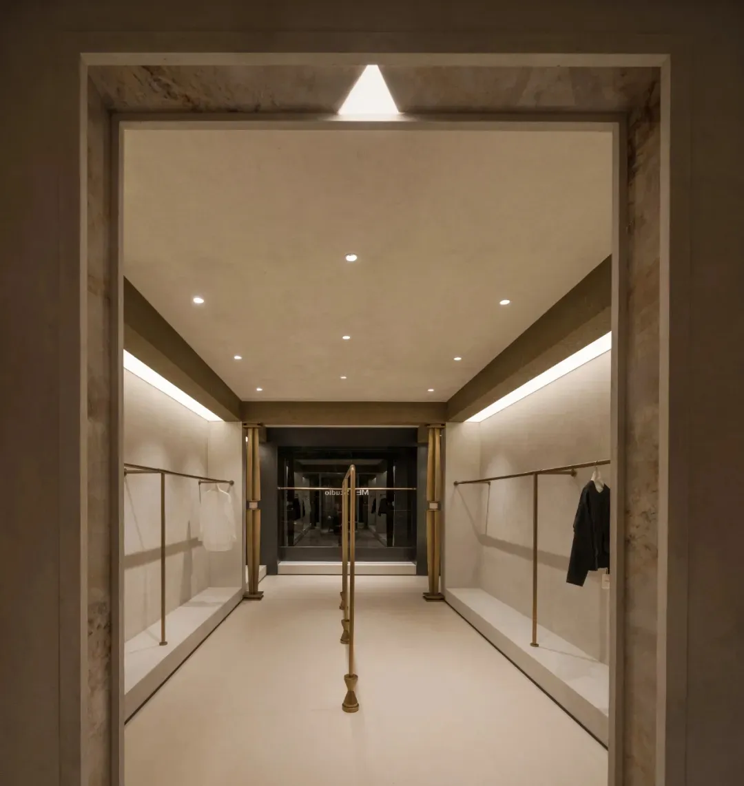 An image of a modern clothing store with concrete walls, metal railings, and glass storefront.
