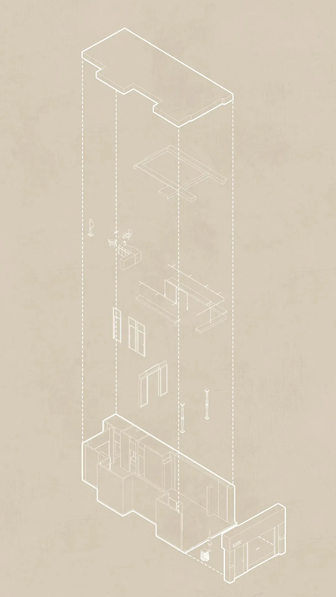 Cross-sectional architectural drawing of an interior design with white lines and a beige background.