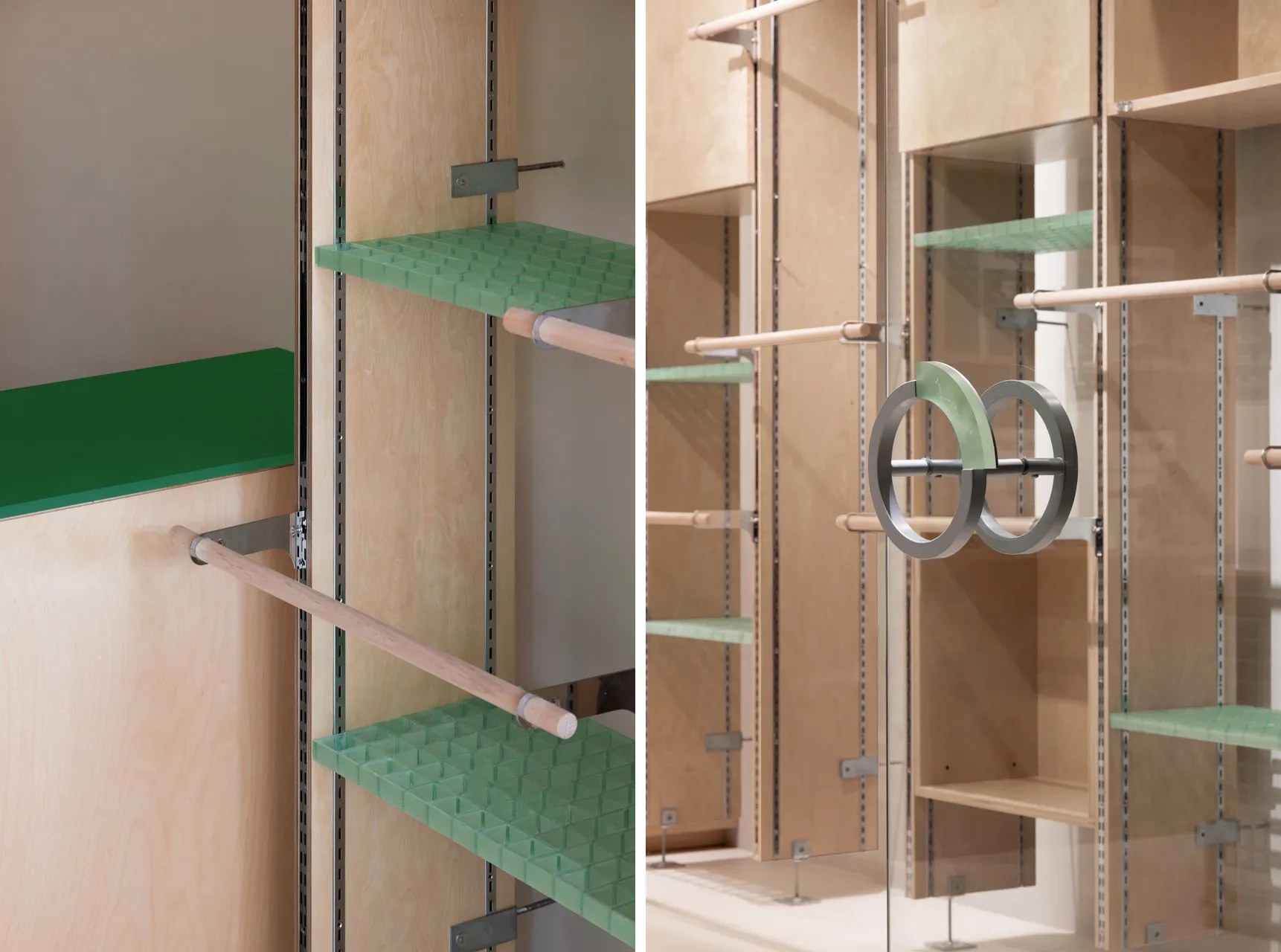 Modern shelving unit with wooden poles and green glass shelves