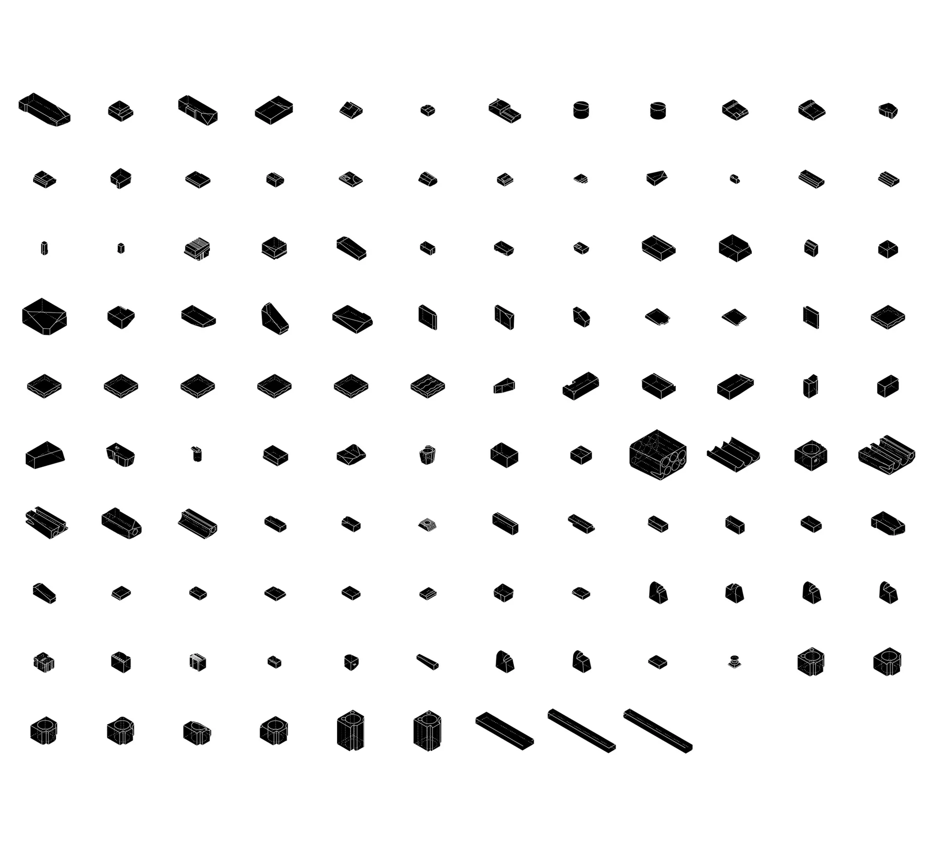 Various 2D building components made of metallic materials.