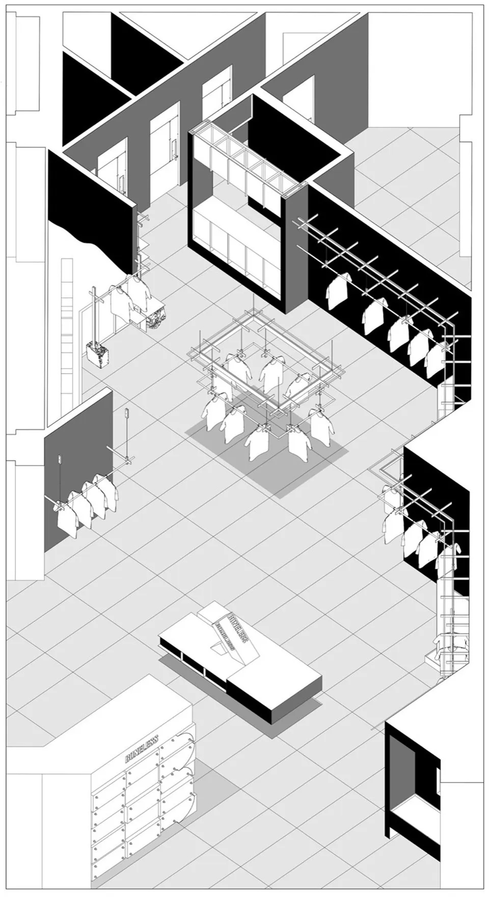 A modern clothing store features white racks for displaying clothes.
