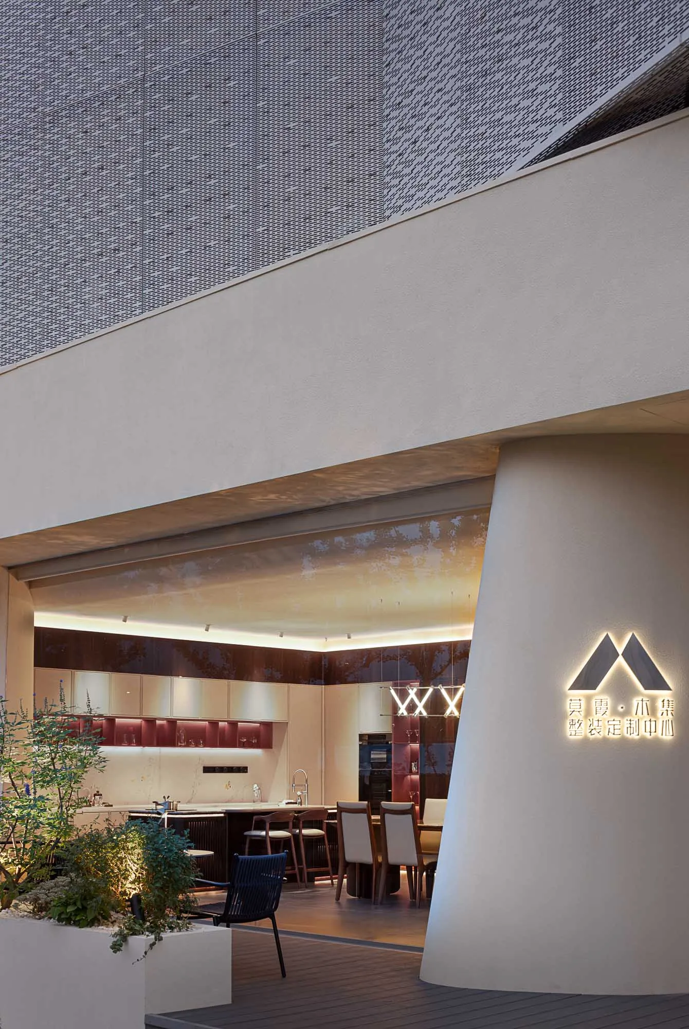 Modern urban retail space with metal and glass materials.