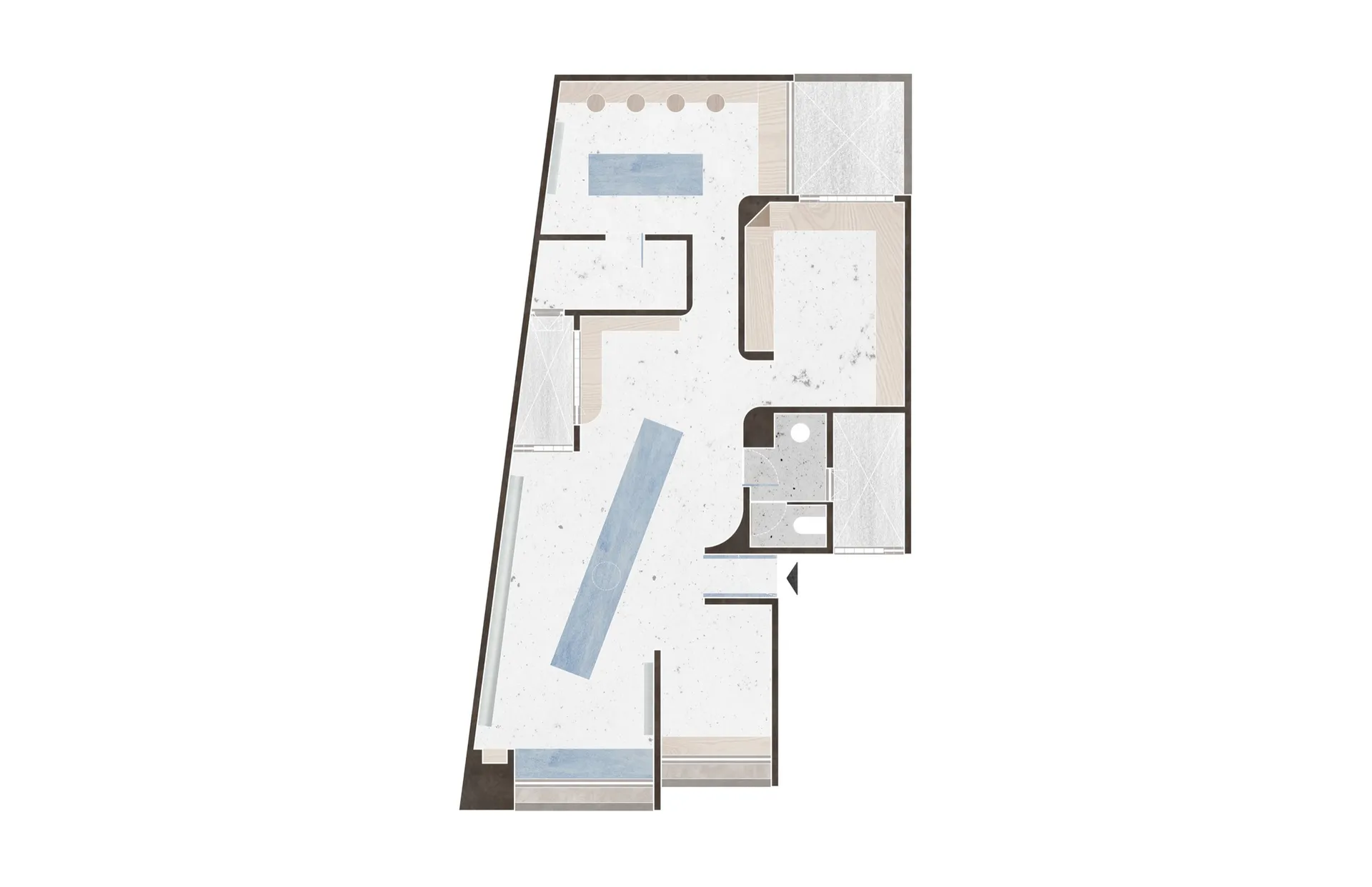 Modern architectural floor plan featuring a concrete floor and minimalist design elements.