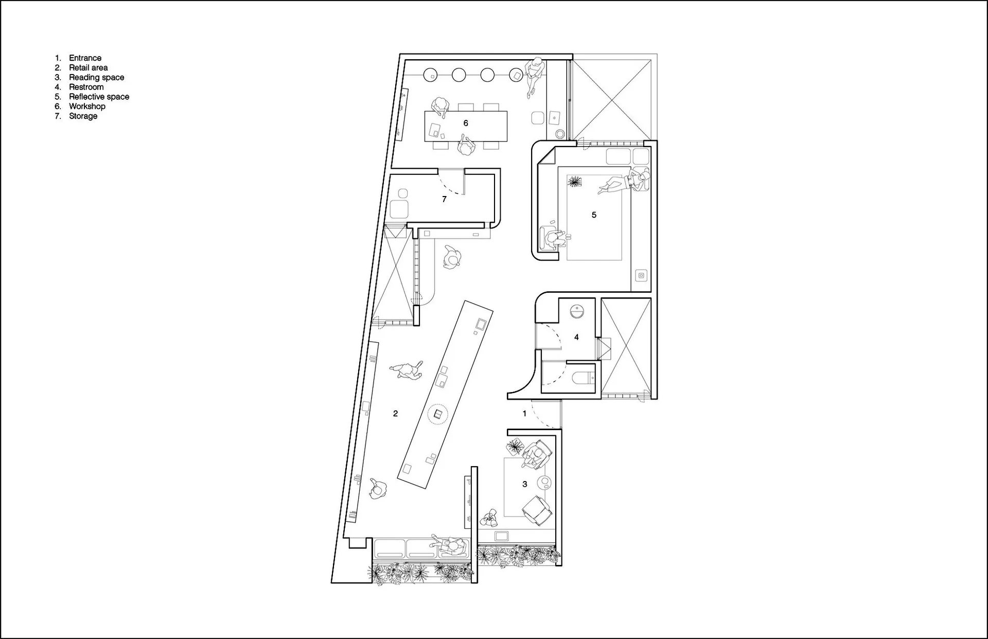 Floor plan of a modern retail interior featuring wood and concrete materials, with designated areas for different functions s