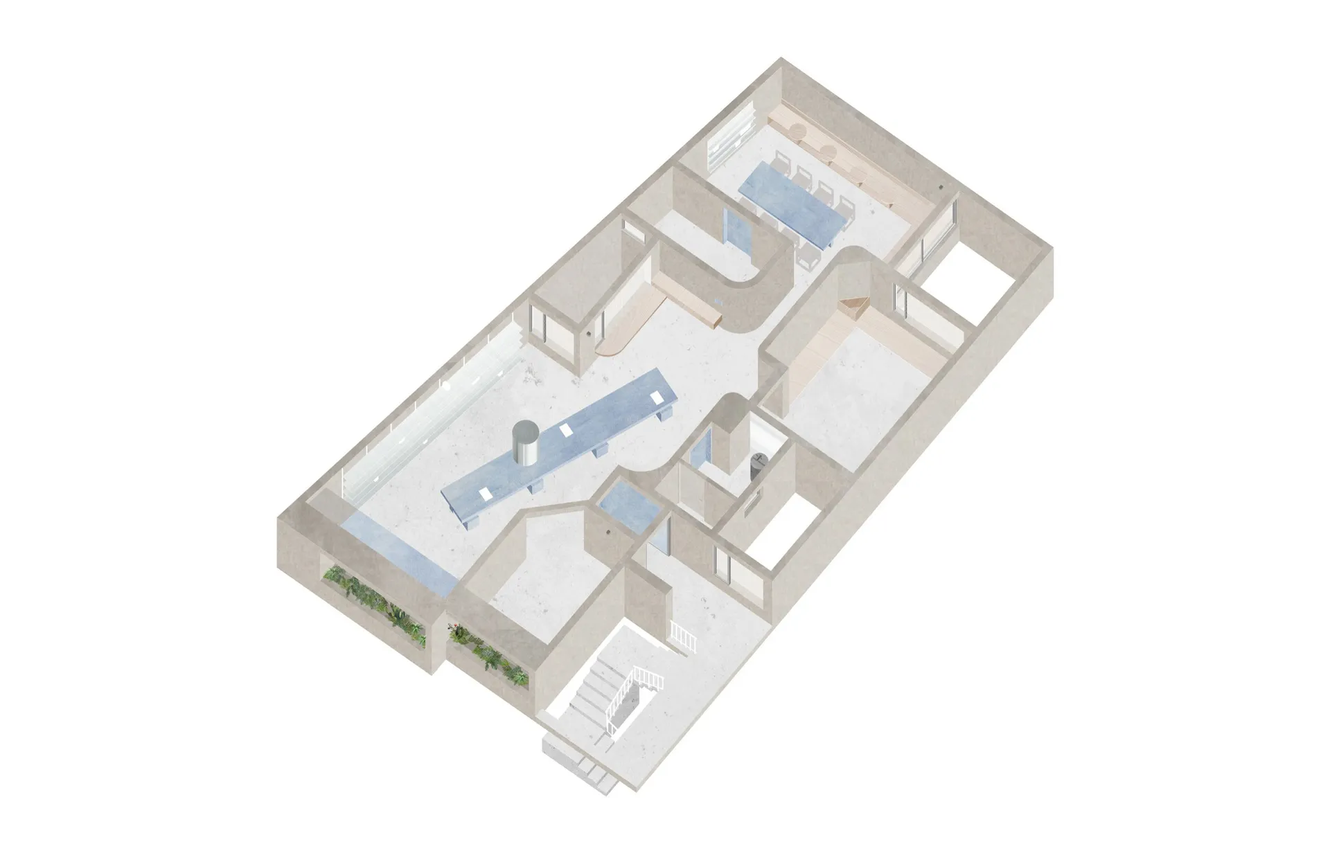 An industrial-style office layout with concrete elements and an open-plan design.