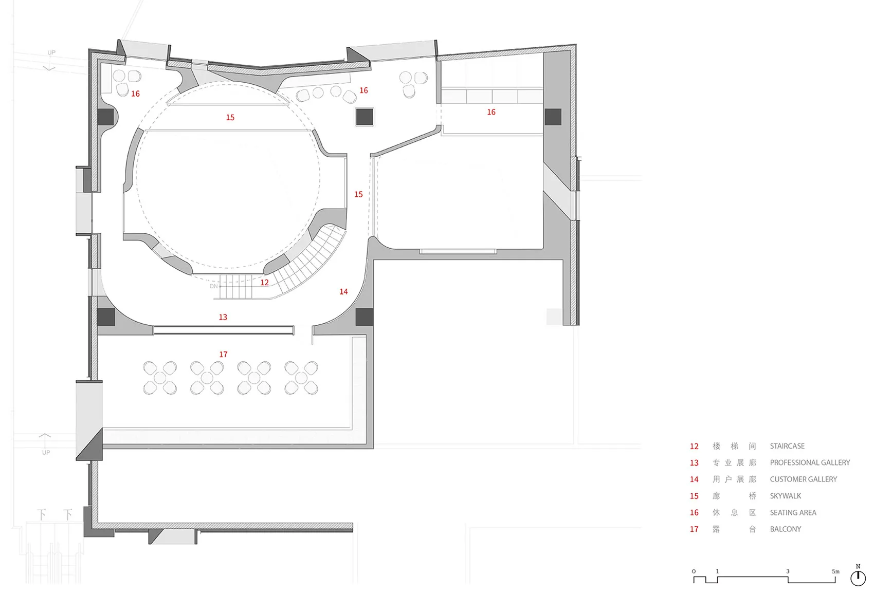 Floor plan of a modern office space with open areas and functional zones.